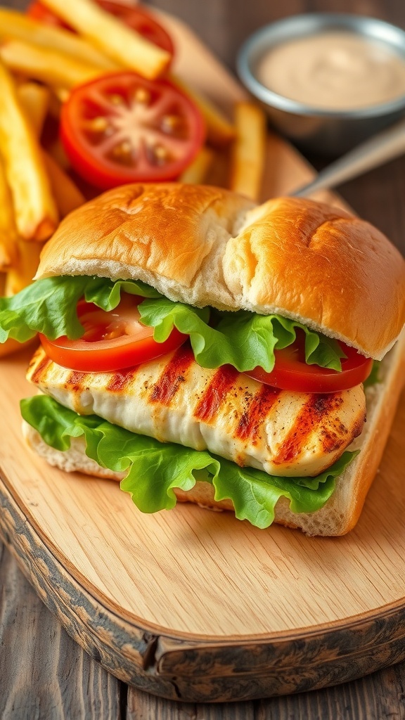 A grilled chicken sandwich with lettuce and tomato on homemade bread, served with fries.